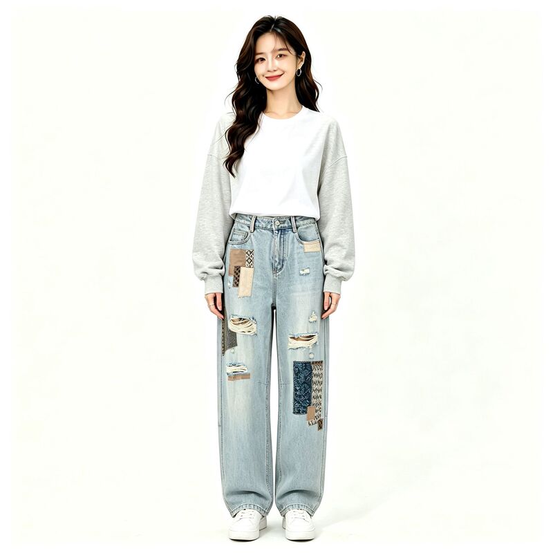 2026 Autumn New Women's Vintage Distressed Patchwork Casual Pants Jeans 2K3XR16 2026 Autumn New Women's Vintage Distressed Patchwork Casual Pants Jeans 2K3XR16