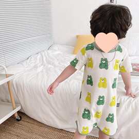 婴儿连体衣睡裙夏季薄款冰丝睡衣家居服宝宝空调儿童短袖爬服棉无
