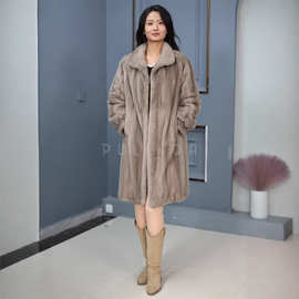 进口银蓝水貂时尚皮草裘皮大衣中长款貂皮外套