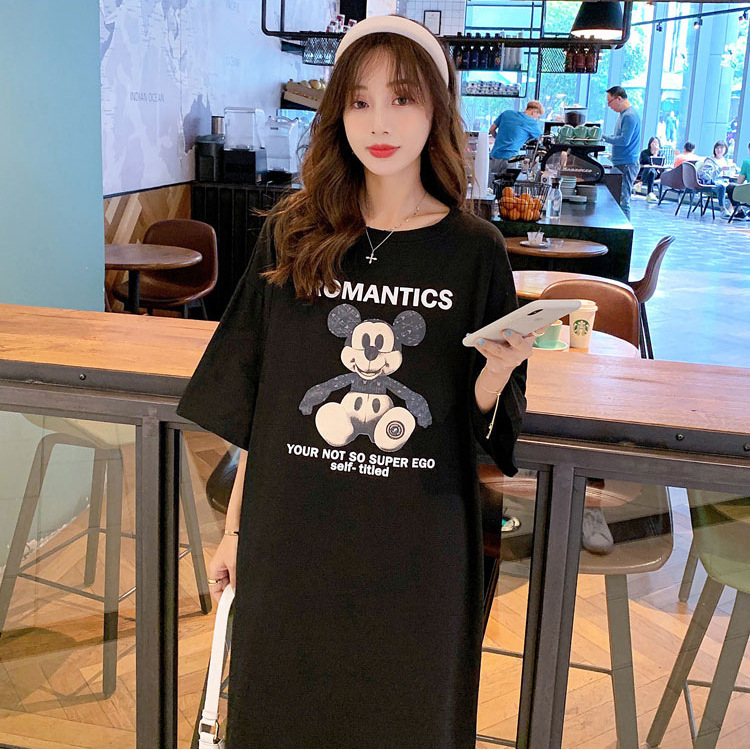 Pure Cotton Korean Style dress Summer New plus size Loose Extended Length Over-the-knee chubby girl Pregnant Women's Nightdress Women's Trendy T-shirt