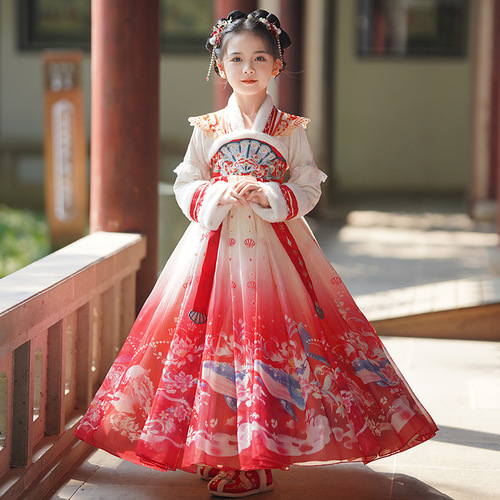 Hanfu children's winter New Year dress, children's ancient costume dress, national style Tang suit princess dress for little girls, New Year's clothing