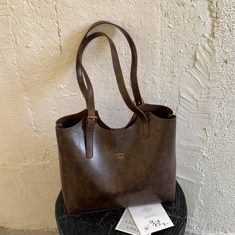 Túi tote nữ cỡ lớn phong cách retro, đựng nhiều đồ, có quai đeo vai và kẹp nách — Màu cà phê PU, PU đen, màu cà phê, đen chi tiết 14