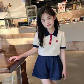 女童套装夏季新款洋气中大童polo领短袖T恤小女孩休闲短裤两件套