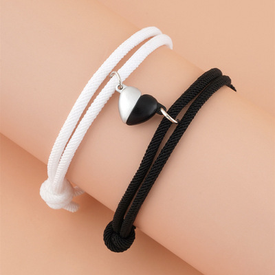 2pcs Fashion trendy black and white, heart-shaped girlfriends bracelet with magnetic buckle milan rope weaving couples adjust bracelet