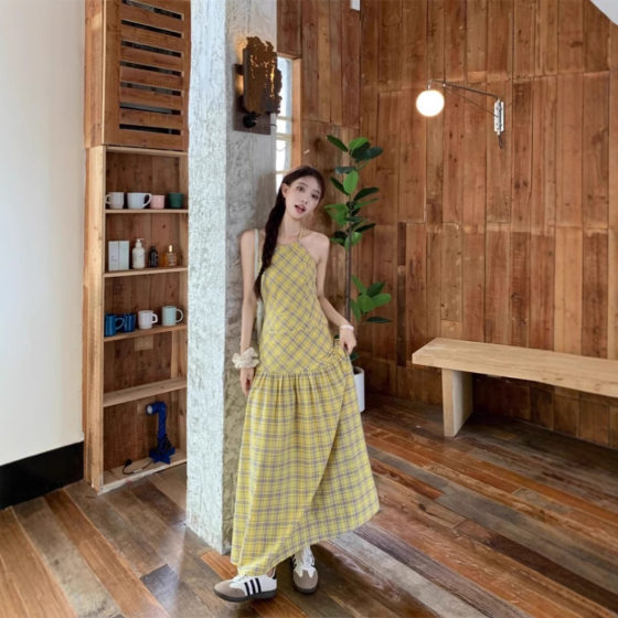Sweet and Spicy Yellow Plaid Neck Hanging dress Women's Summer New Arrival Tiny Backless A- Line Skirt Elegant Midi Skirt
