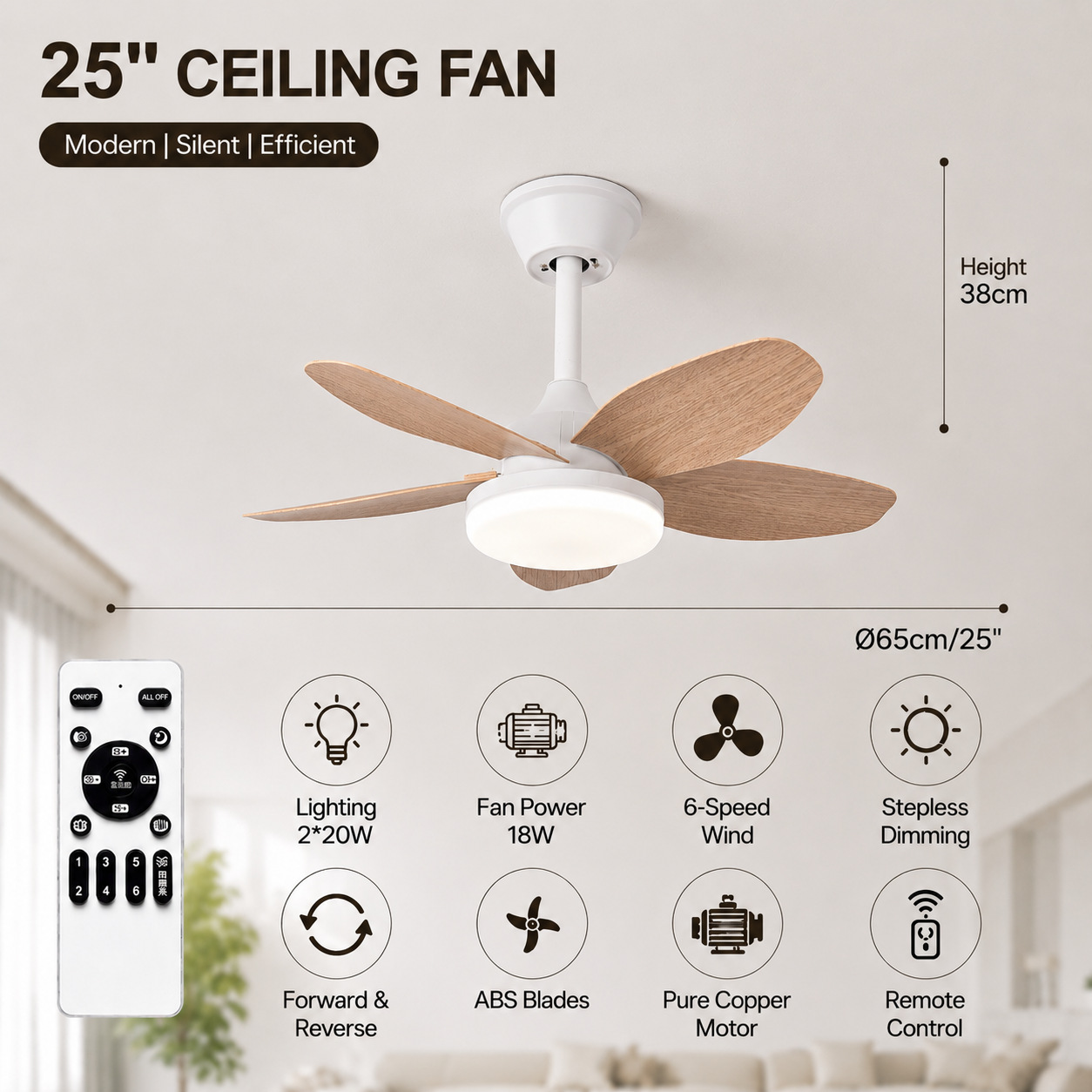 Ventilador de Techo con Luz de ABS y PC, con Control Remoto, Motor DC, para Sala de Estar y Comedor