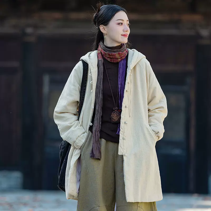 25冬季新款复古中式苎麻盘扣连帽夹棉保暖唐装棉服上衣中长款棉衣