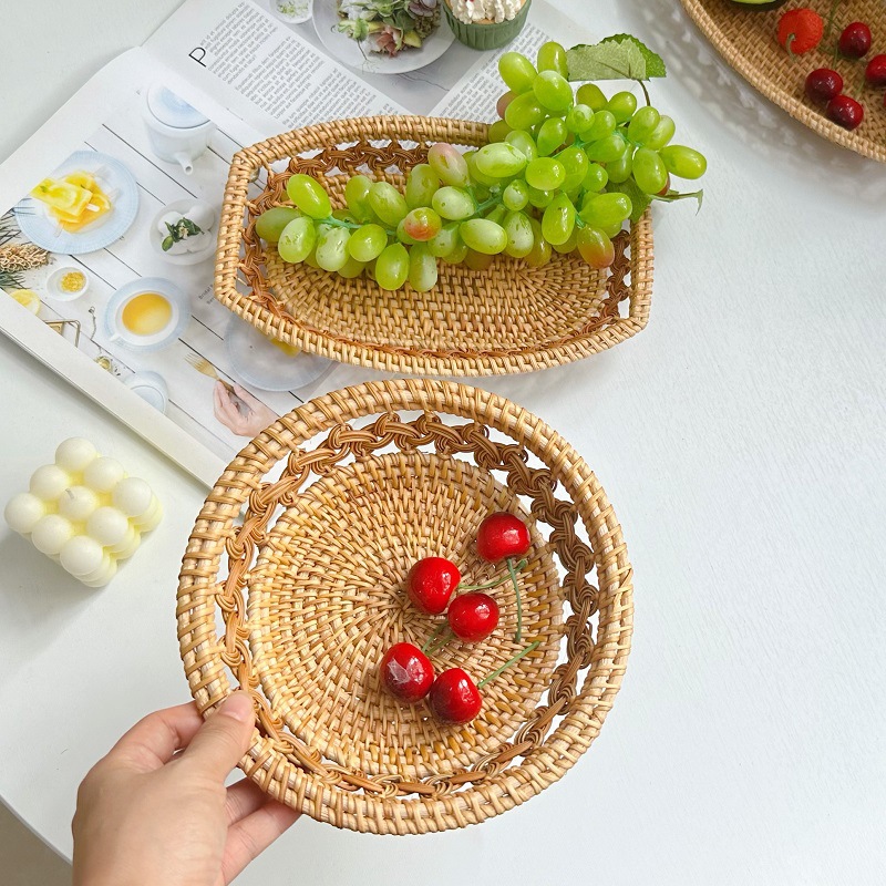 Vietnamese-inspired small snack basket, rattan woven fruit bowl, European-style box, minimalist basket, woven basket tray, bread storage basket