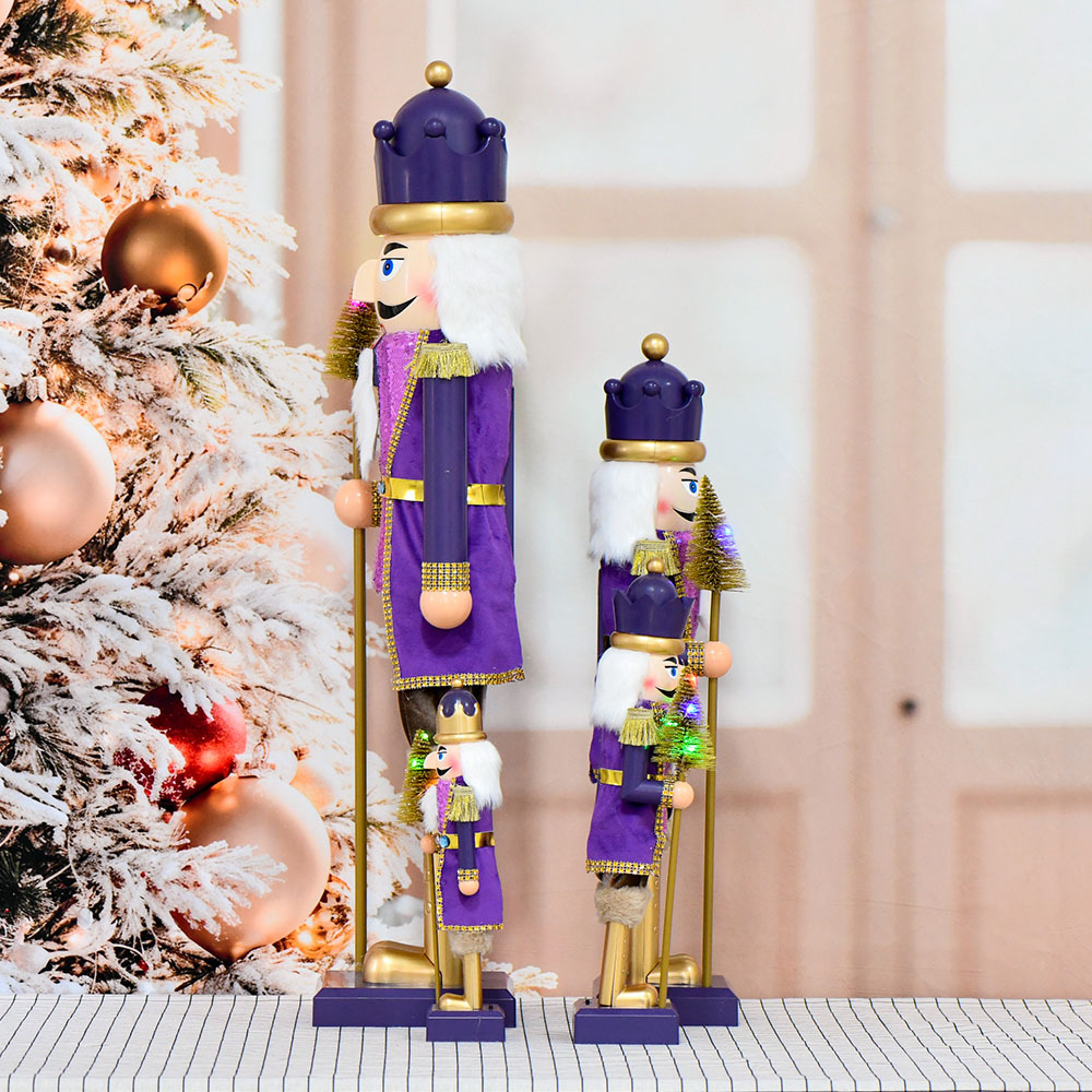 Inventario 30, 40, 60, 80cm cascanueces de plástico decoraciones de soldados árbol de Navidad púrpura con lámparas de banda de sonido