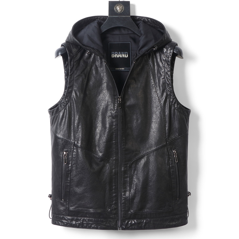 Spring and Autumn Men's Genuine Leather Oil-Waxed Cowhide Vest with Hood, Fashionable Versatile Jacket, Haining Leather Coat for Men Spring and Autumn Men's Genuine Leather Oil-Waxed Cowhide Vest with Hood, Fashionable Versatile Jacket, Haining Leather Coat for Men