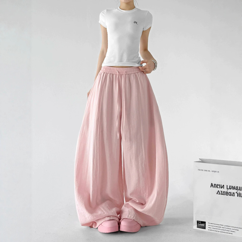 Pink linen wide-leg pants for women, 2026 summer new style, loose and thin, extra-long, for tall women, casual and relaxed pants