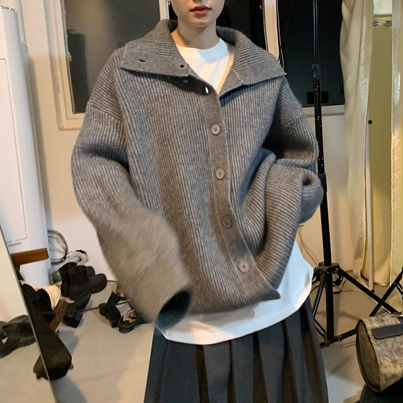 Grey High Neck Thick Rod Knitted Sweater Loose Lazy Style Cardigan Winter New Top All-match Jacket Grey High Neck Thick Rod Knitted Sweater Loose Lazy Style Cardigan Winter New Top All-match Jacket