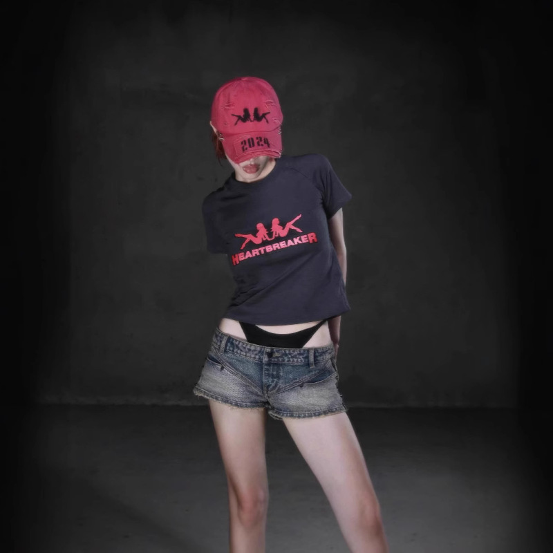 Short Top Street Letter Printing T-Shirt Navel Slim Retro Hot Girls Sexy Women's Popular Sexy