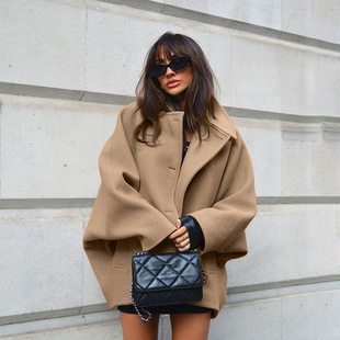 Autumn fashion high-grade brown woolen lapel batwing sleeve cardigan coat European and American cross-border simple commuter women's clothing