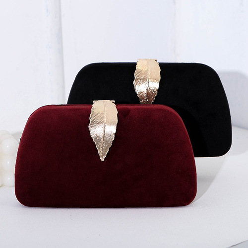 Cross-border new fashionable temperament dinner bag velvet metal leaf dress with banquet clutch bag small square bag for women