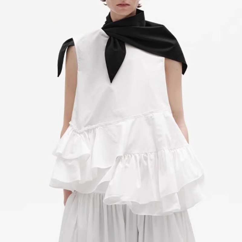 Niche 2025 Summer New Solid Color Round Neck Ruffled Vest Casual All-match Top Women