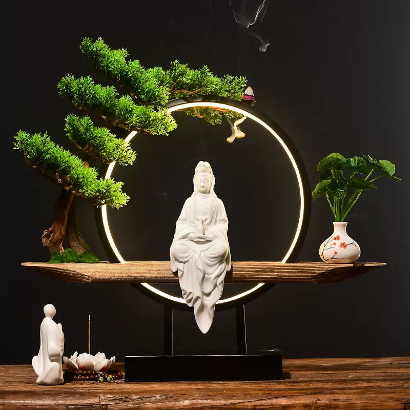 新品中式家居倒流香炉摆件创意迎客松玄关柜客厅办公室书房装饰品