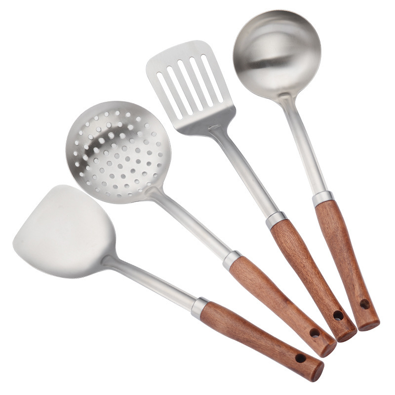 Espátula de acero inoxidable gruesa con mango de madera, cocina, cocina, cocina, pala, cuchara, colador, cuchara de cocina de acero inoxidable para el hogar