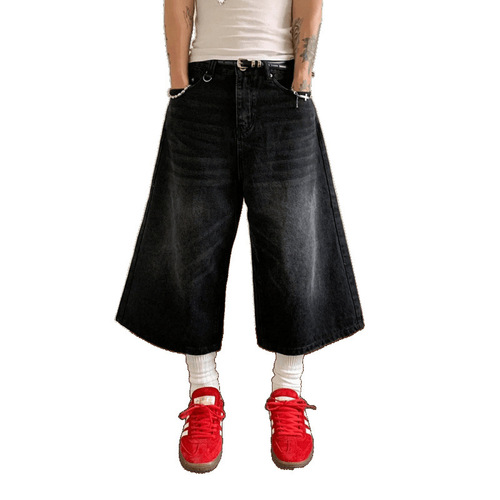 American seven-quarter denim retro shorts 2025 summer new high-waist loose black washed wide-leg straight pants