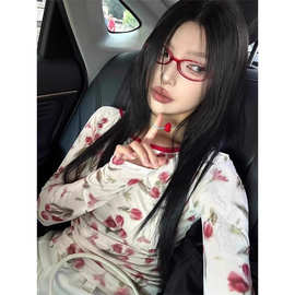 纯欲风性感辣妹玫瑰印花修身短上衣女夏季绑带露背薄款长袖打底衫