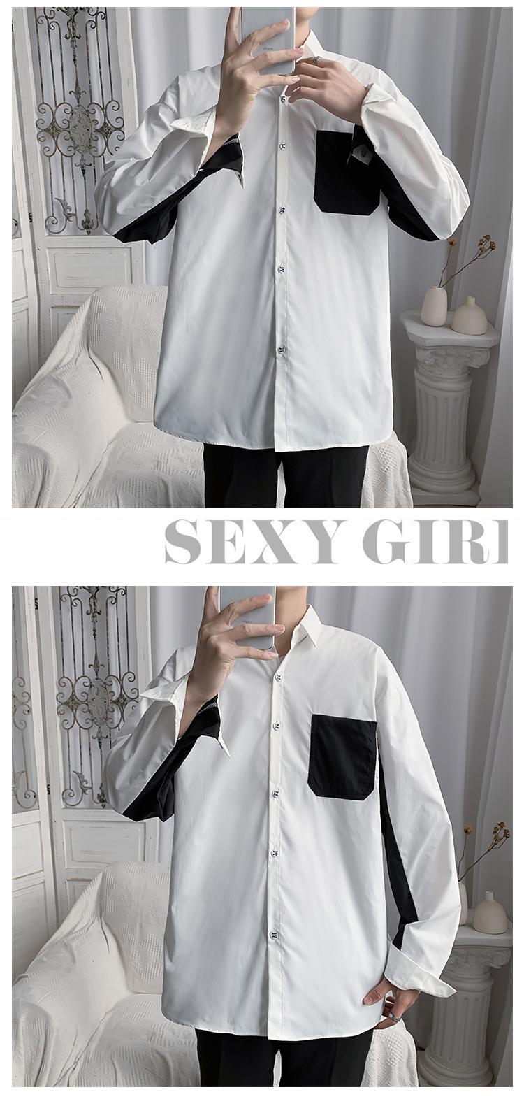 Men's Black And White Patchwork Long Sleeve Casual Shirt Trendy_voghion.com