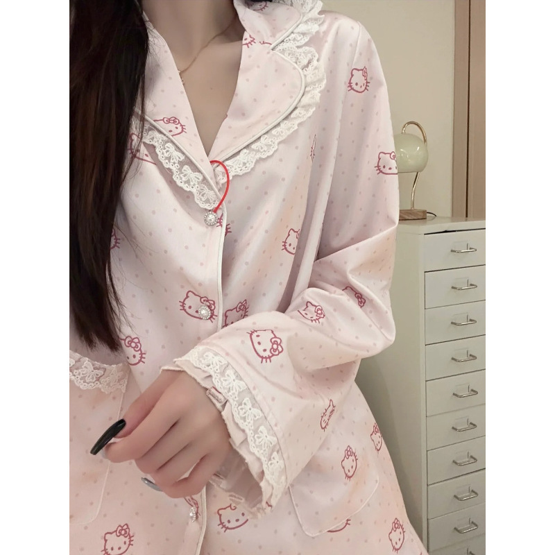 キティ水玉模様のアイスシルク長袖アイスシルクパジャマ女性の夏のスタイル肌に優しい涼しく快適なホームウェアズボンセット|undefined