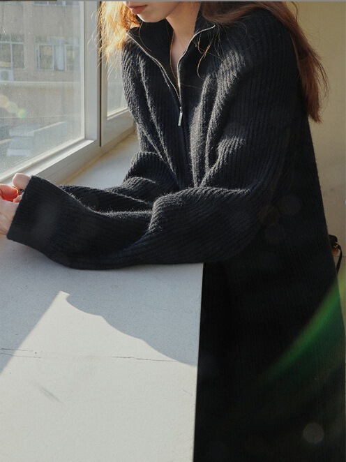 秋冬新款韩版过膝中长款翻领宽松慵懒风毛衣女针织打底连衣裙|undefined