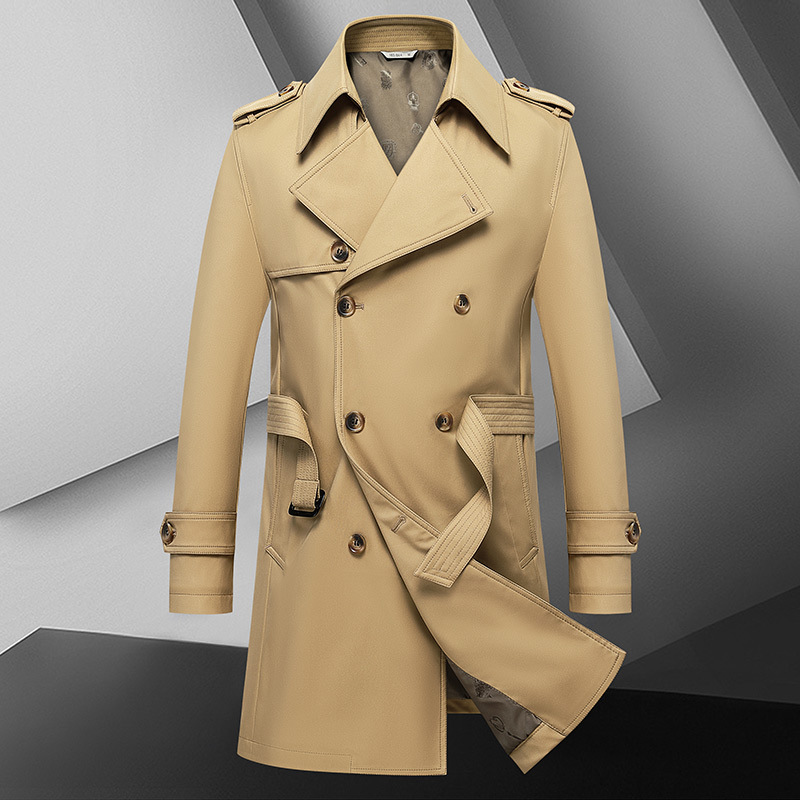 Men's Quality Haze Blue Men's Coat Double Breasted Belt Spring and Autumn Mid Length Coat_voghion.com