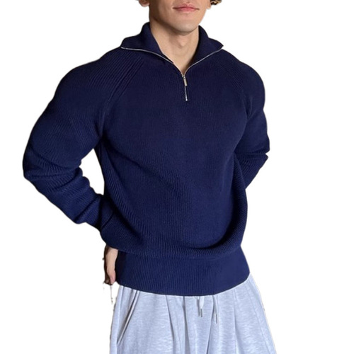 Men's High-Neck Zipper Knit Shirt, American Retro Loose Drop Shoulder Long Sleeve Top, Leisure Style Hooded Sweater Coat