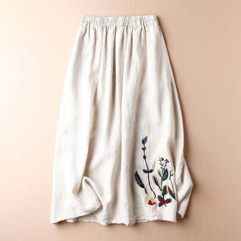 Pure Linen Skirt Summer Retro Women's 2024 New Embroidered Solid Color Large Swing Skirt All-Match Slim Mid-Length Skirt
