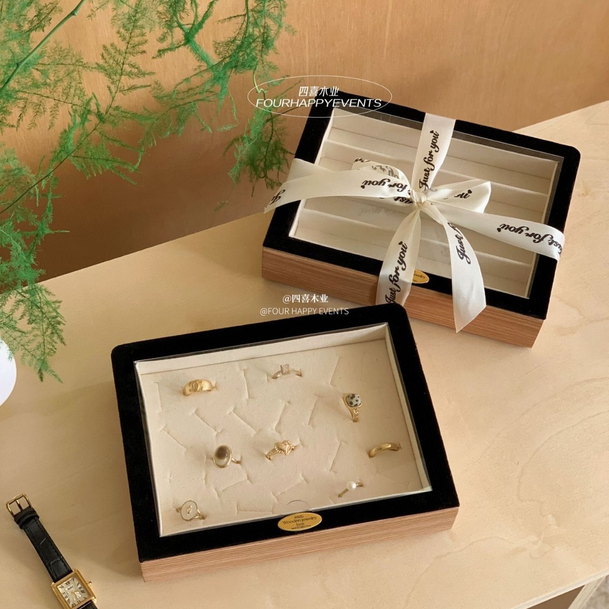 出口韩国木纹带盖首饰盒饰品盒木质法式防尘带盖透视收纳展示盒