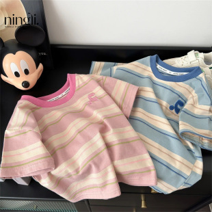 Ningli Summer Cotton Kidsren's Stripesd Short-Sleeved Embroidered T-Shirt for Boys and Girls Korean Style Versatile Short t Fashion Top Short-Sleeved