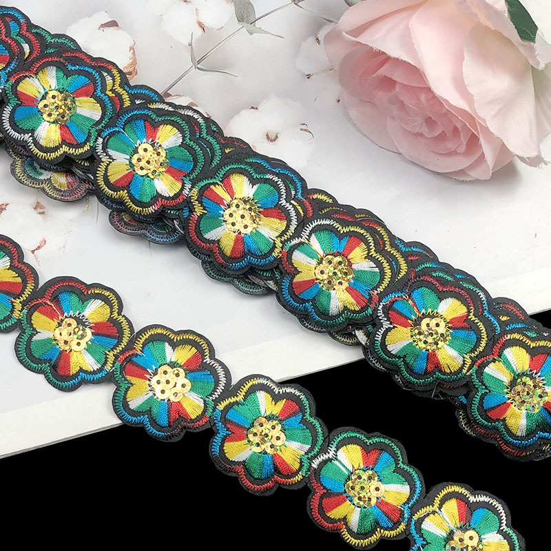 Encaje Bordado con Lentejuelas de Flor de 3.5 cm, Poliéster, Termoadhesivo, para Ropa