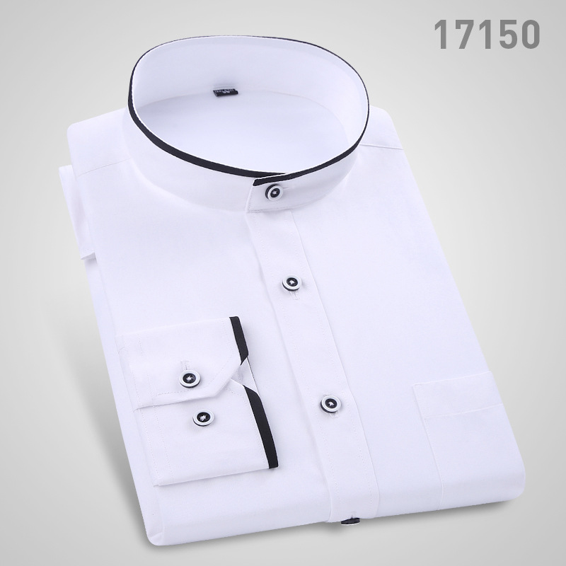 Camisa de cuello de soporte de manga larga cuello redondo Zhongshan casual de negocios sin planchar color sólido camisa blanca de los hombres slim fit camisa