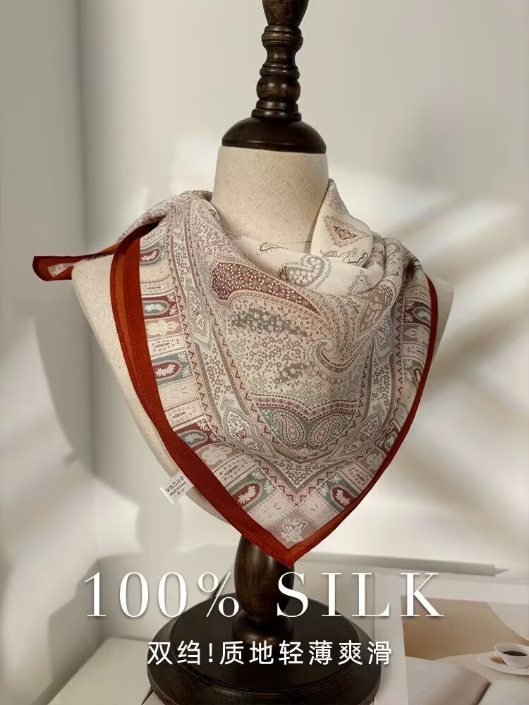 French Luxury Paisley Cashew Silk Crepe Scarf For Women - Summer Thin Mulberry Silk Vintage Square Scarf For Autumn/Winter - Thumbnail 8