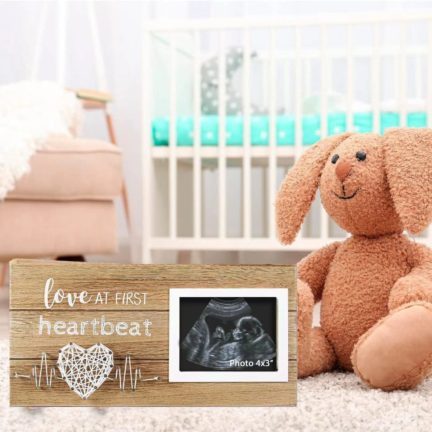 En stock marco de fotos de madera para mascotas decoración de la Mesa creativa Bebé B-ultrasonido colgante marco de fotos latido del corazón en forma de corazón devanado conmemorativo