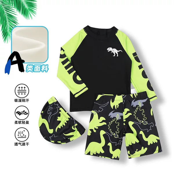 Boys' Swimsuit Set 7-12 Years Old, Three-Piece Set, Cartoon Dinosaur, Sun Protection, Quick-Drying, Long-Sleeved Swimsuit Set for Older Children