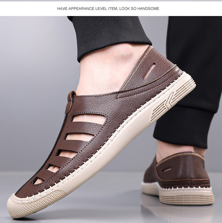 Giày lười sandal nam thoáng khí khoét lỗ, mũi tròn, đế cao su chống trượt — Màu nâu, màu đen chi tiết 12