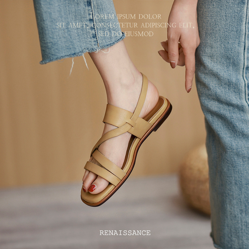 Sandal nữ quai ngang mảnh hở mũi đế bệt phong cách La Mã — Màu be chi tiết 1