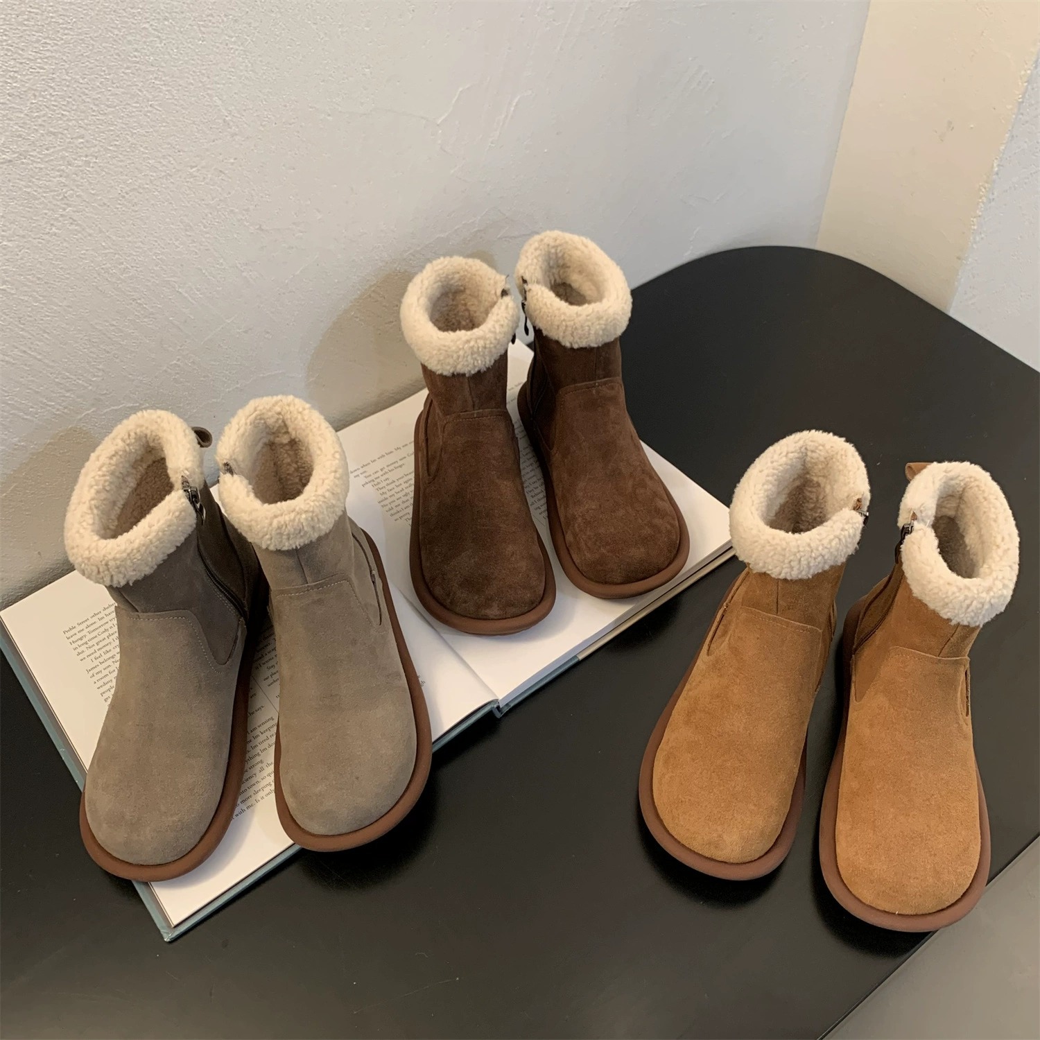 Snow boots women's winter fur one thick warm ankle boots with velvet cotton shoes_voghion.com