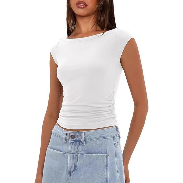2025 European and American Cross-Border Summer New Boat Neck Casual Fashion Pleated Slim Short Navel-Baring T-Shirt for Women 2025 European and American Cross-Border Summer New Boat Neck Casual Fashion Pleated Slim Short Navel-Baring T-Shirt for Women