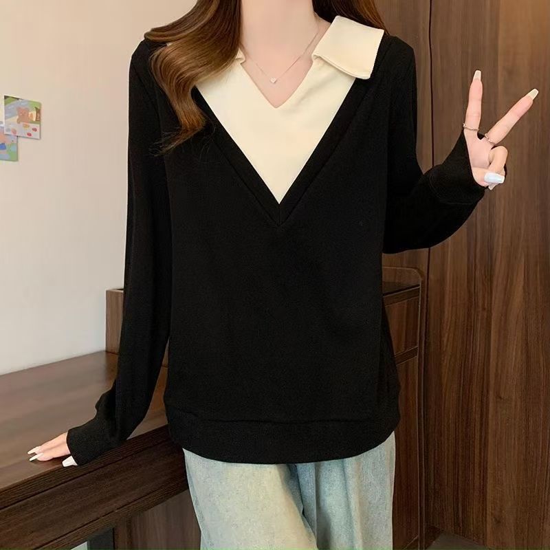 Plus Size Layered Polo Shirt – Slimming Long Sleeve Mock Two-Piece Top For Women (Green/Black, L-4XL, Up To 300lbs)_ecoleips.com