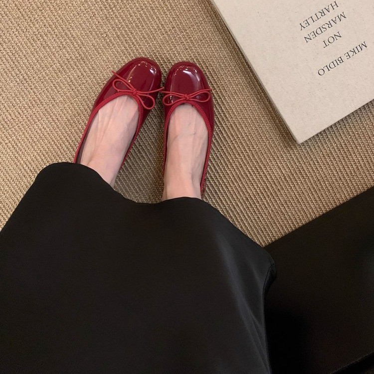 晚风温柔蝴蝶结红色小单鞋女2025春季新款法式软底瓢鞋平底奶奶鞋