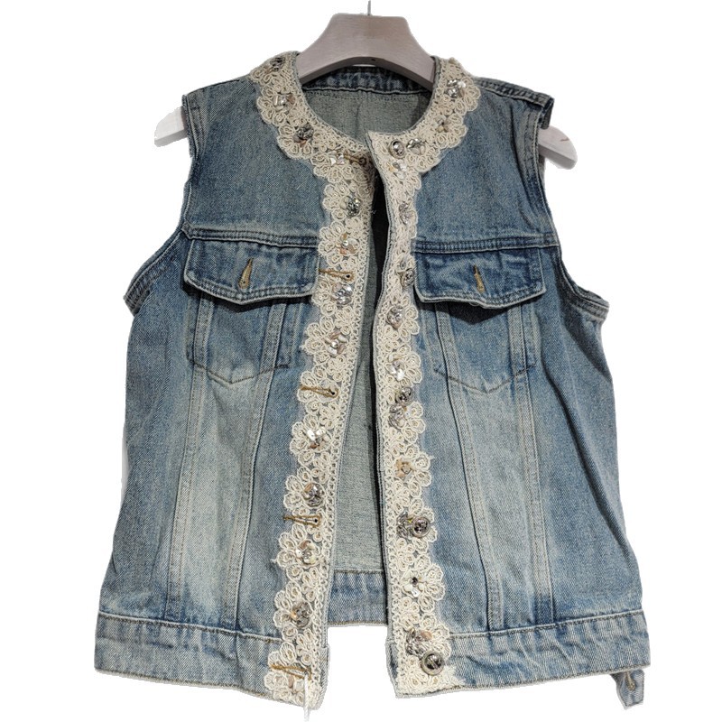Hong Kong primavera nueva ropa de mujer retro encaje empalme de diamante cuello redondo chaqueta corta denim chaleco mujer