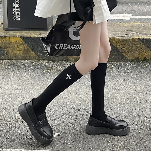 刺绣小腿袜子女韩国ins潮春夏季纯色长筒袜JK风网红款黑白及膝袜