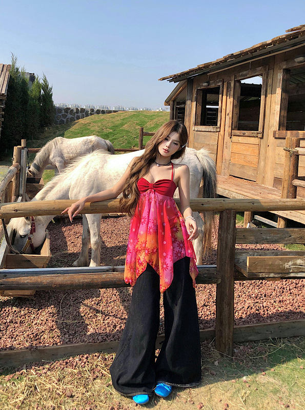 Vacation Style Tie-dyed Hanging Neck Camisole Vest Women's 2025 Summer New Design Irregular Outer Wear Spice Girl Top