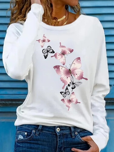 Spring and autumn women's 100% cotton fashionable casual loose butterfly pattern print round collar long-sleeved T-shirt basic lining
