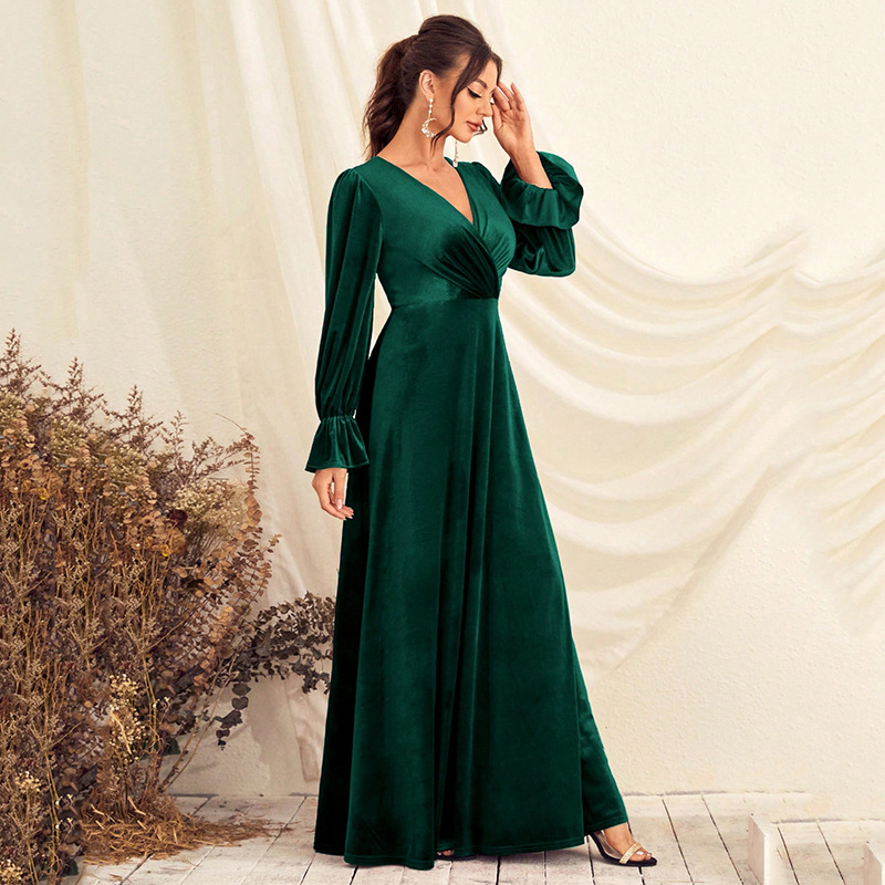 Vestido de Noche para Comercio Exterior de Amazon, Nuevo Vestido de Primavera con Cintura Ajustada, Vestido de Banquete de Gasa con Cuello en V, Manga Larga, de una Pieza, Dropshipping