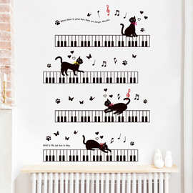 钢琴猫咪儿童房床头自粘墙纸贴画温馨卧室装饰布置卡通墙面墙画