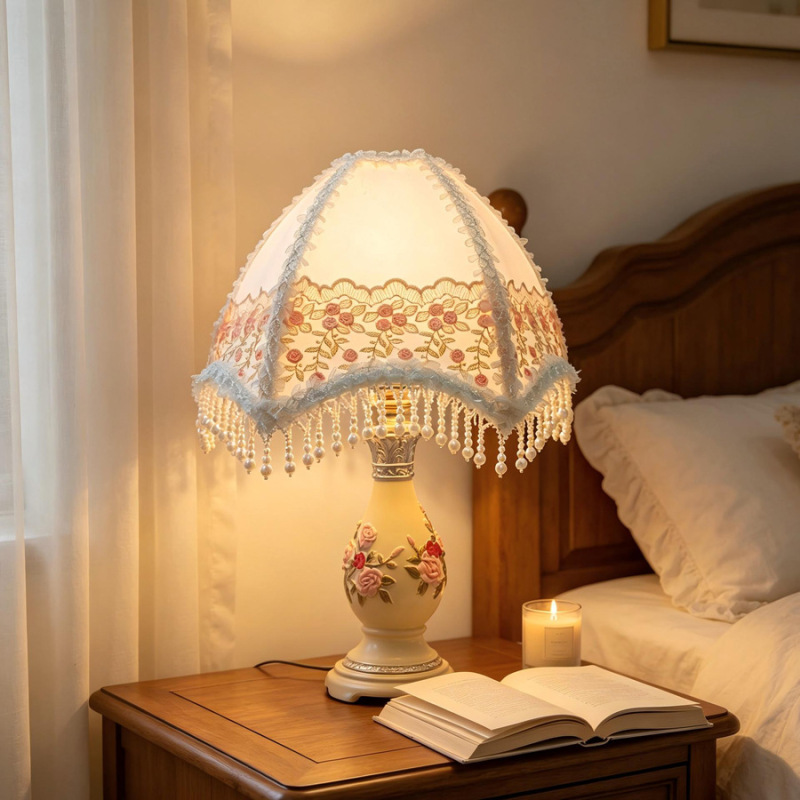 French-Style White Lace Rose Embroidery Lampshade, Pearl Tassel Table Lamp Universal Accessory, Does Not Include Lamp Base, Only the Lampshade French-Style White Lace Rose Embroidery Lampshade, Pearl Tassel Table Lamp Universal Accessory, Does Not Include Lamp Base, Only the Lampshade